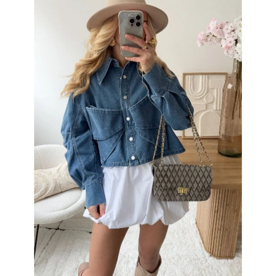 Damen stylische cropped Denimjacke mit praktischen Taschen EB