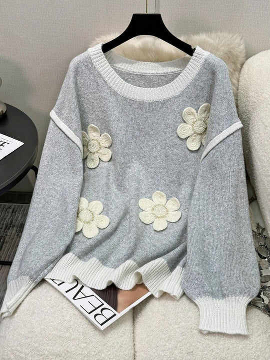 Damen Strickpullover mit floralen Applikationen EB