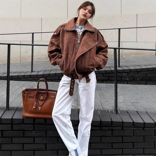 Damen modische Oversized jacke mit Gürtel EB