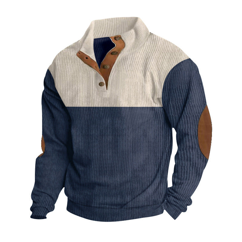 Herren nan Rippenstrickpullover mit Stehkragen Knopfleiste und Leder-Ellbogenpatches EB