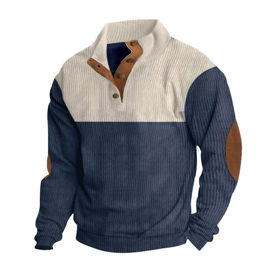 Herren nan Rippenstrickpullover mit Stehkragen Knopfleiste und Leder-Ellbogenpatches EB