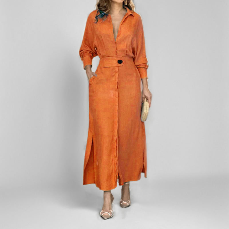 Damen elegantes Hemdblusenkleid mit Taillengürtel und seitlichen Schlitzen EB