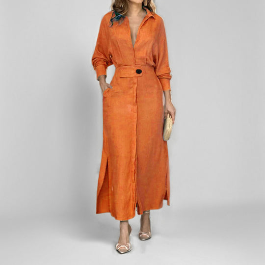 Damen elegantes Hemdblusenkleid mit Taillengürtel und seitlichen Schlitzen EB