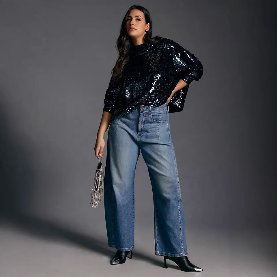 Damen nan hochgeschnittene weite Culotte-Jeans mit verkürzter Länge und dekorativen Nahtdetails EB