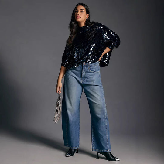 Damen nan hochgeschnittene weite Culotte-Jeans mit verkürzter Länge und dekorativen Nahtdetails EB