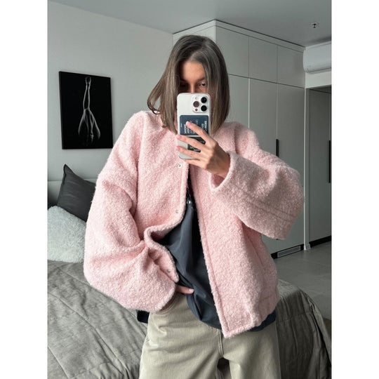 Damen Flauschige Kapuzenjacke aus Teddyfell mit seitlichen Taschen EB