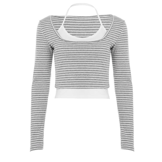 Damen nan gerafftes Layering-Cropped-Top mit integriertem Bustier und feinem Streifenstrick EB