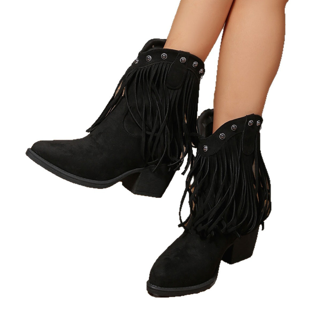 Damen  Cowboy-Ankle-Boots aus Veloursleder mit Fransen und Nietenbesatz mittelhoher Blockabsatz EB