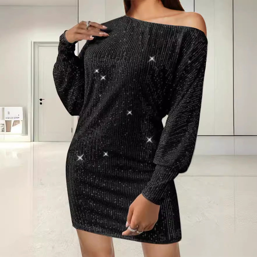 Damen Funkelndes Minikleid mit asymmetrischem Ausschnitt und Ballonärmeln EB