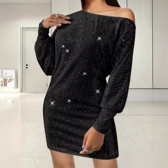 Damen Funkelndes Minikleid mit asymmetrischem Ausschnitt und Ballonärmeln EB