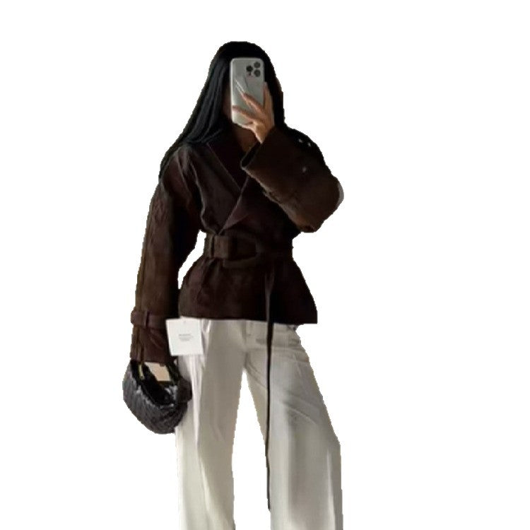 Damen Kunstlederjacke mit modischem Wickeldesign und breiten Ärmeln EB