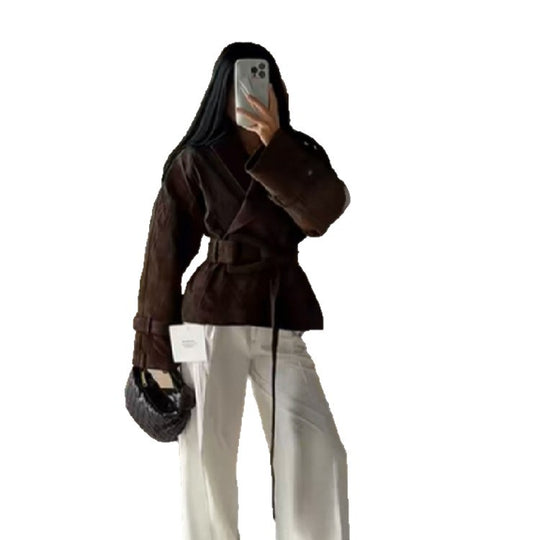Damen Kunstlederjacke mit modischem Wickeldesign und breiten Ärmeln EB