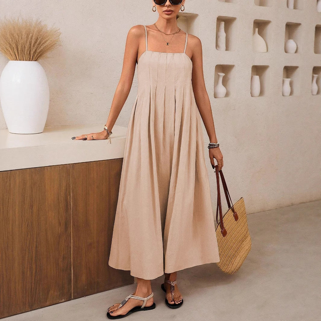 Damen Langärmliges Maxikleid mit Faltenwurf und Spaghettiträgern EB