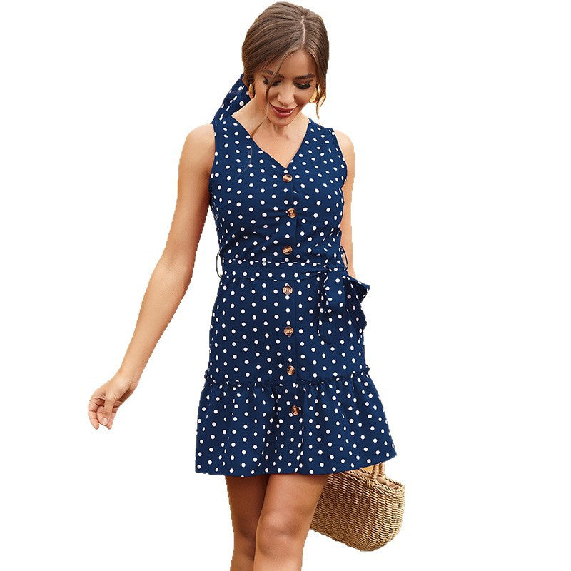 Damen Polka-Dots Kleid mit A-Linien Schnitt und Taillengürtel EB