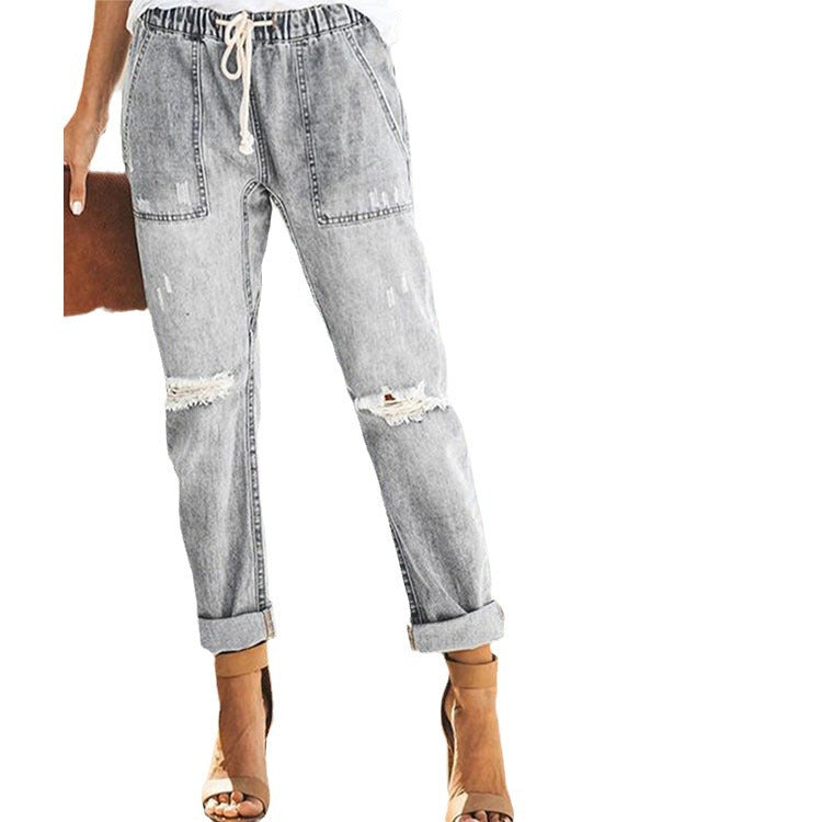Damen entspannte Jeans mit verstellbarem Bund und modischen Rissen EB