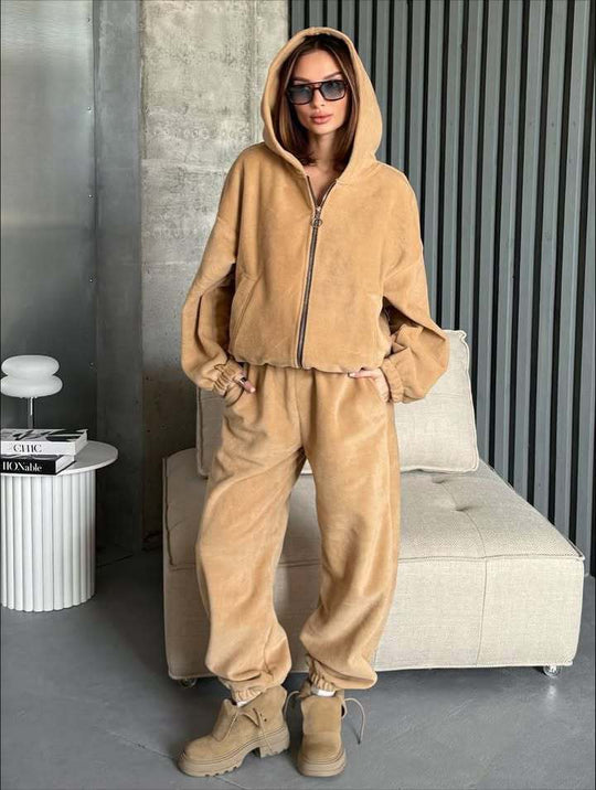 Damen Plüsch-Loungewear-Set mit Reißverschluss-Kapuzenjacke und taillenhoher Jogginghose EB