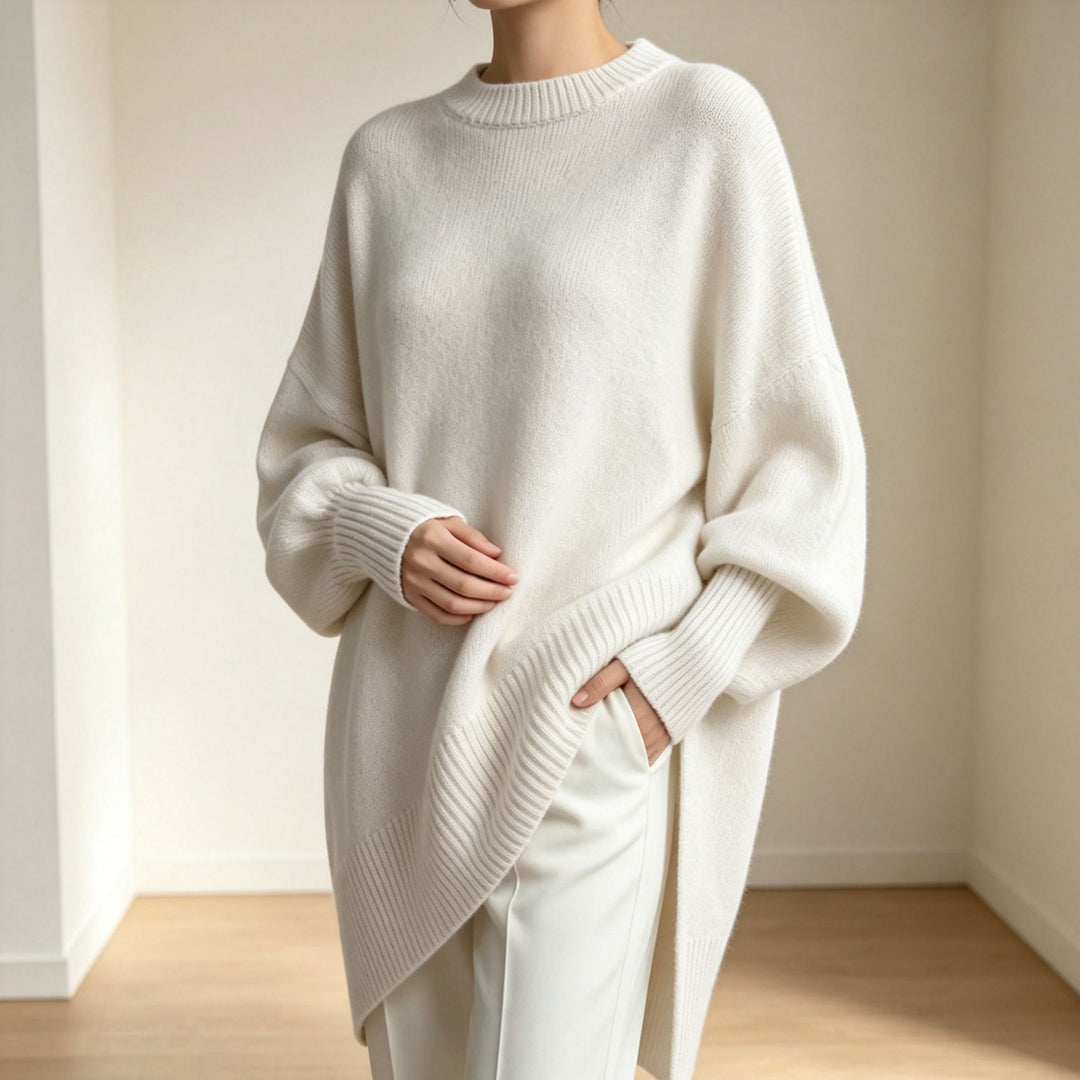 Damen Oversize Longline Feinstrick-Pullover mit Raglanärmeln und geripptem Saum EB