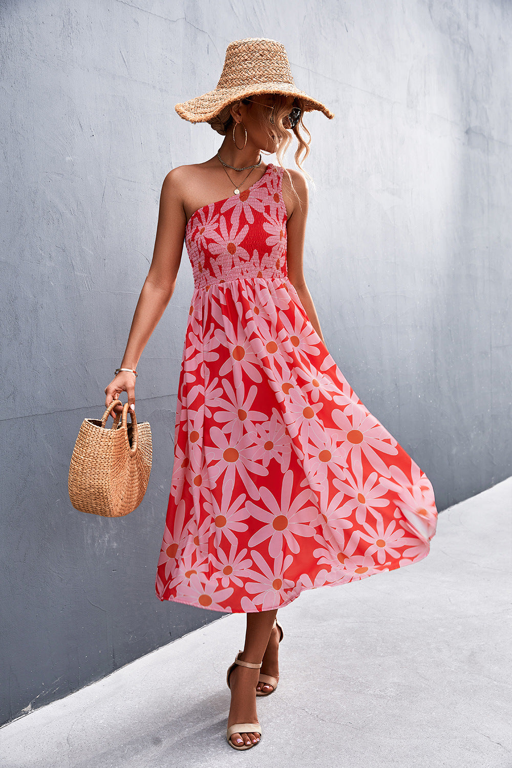 Damen Maxikleid mit asymmetrischem Trägerdesign und floralem Allover-Muster EB