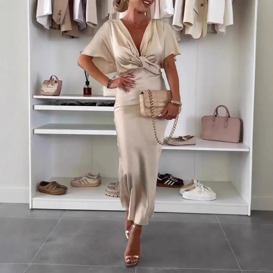 Damen Knielanges Satin-Kleid mit Kreuz-Design EB