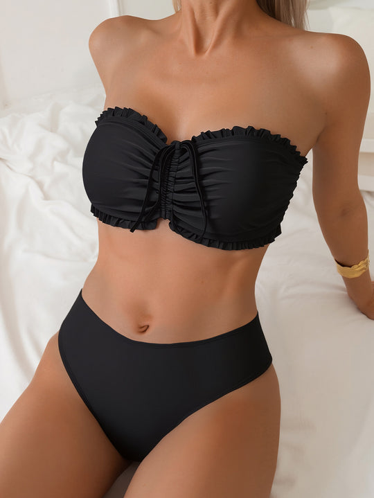Damen Bandeau-Bikini mit voluminösen Rüschendetails und hohem Bund EB