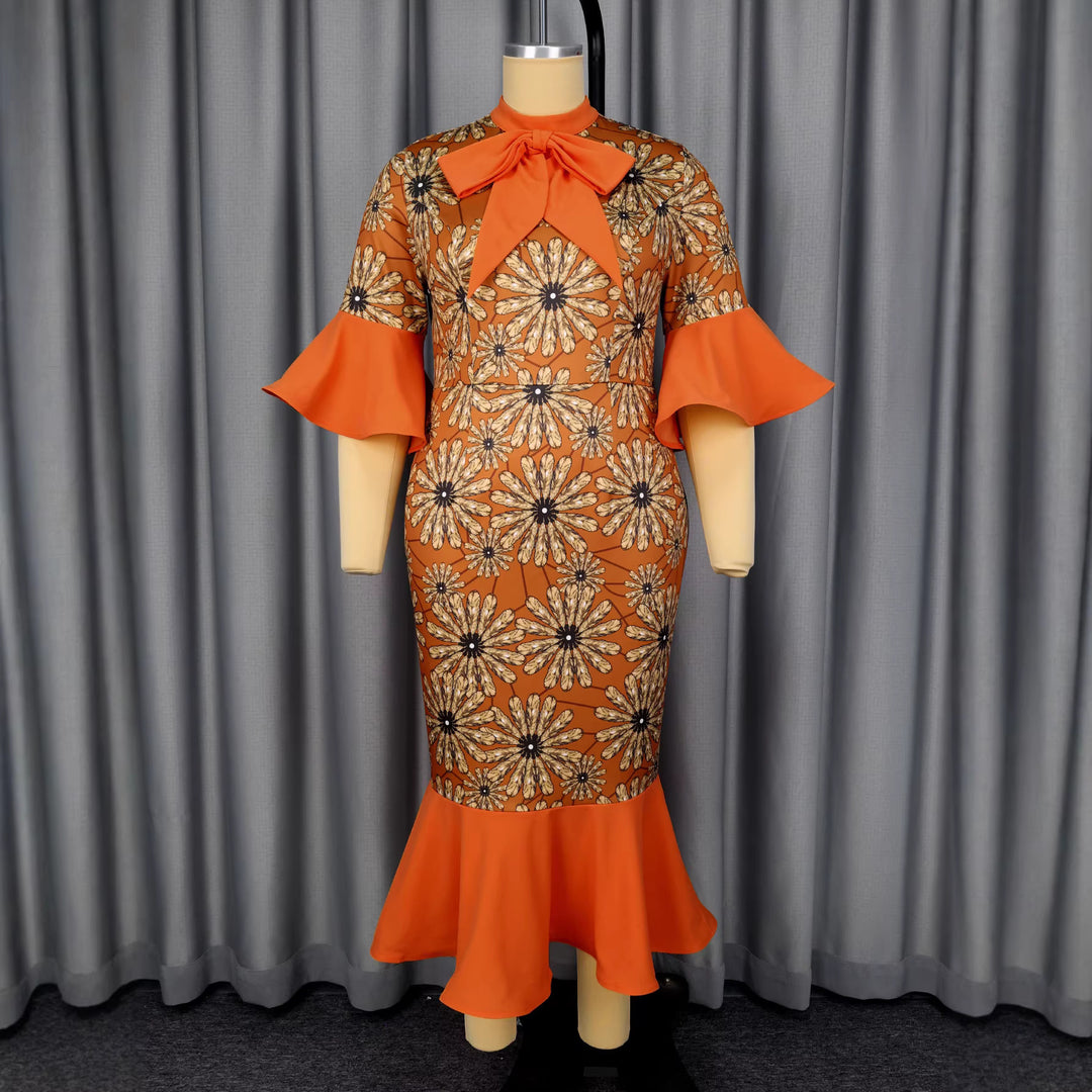 Damen Elegantes Midikleid mit floralem Muster und schickem Schleifenkragen EB