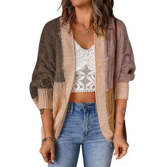 Damen lässige Strickjacke mit buntem Patchwork-Design und weitem Schnitt EB