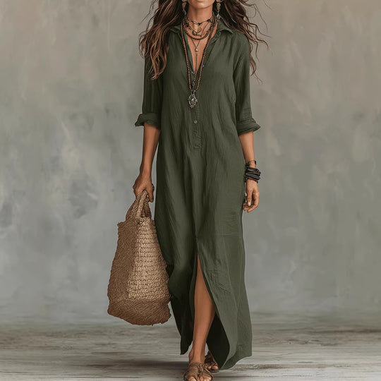 Damen Langes Hemdkleid mit Knopfverschluss und seitlichem Schlitz EB