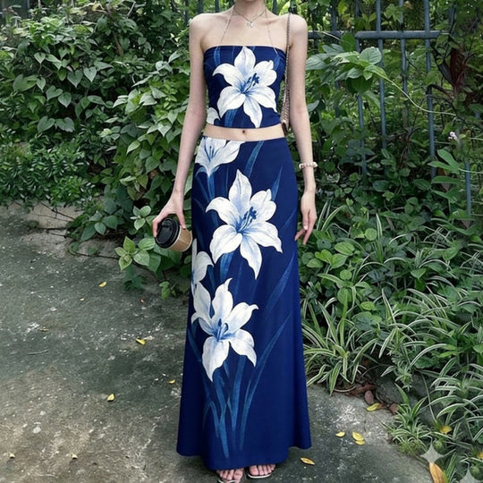 Damen Elegantes Maxi-Kleid mit floralem Design und Taillierung EB