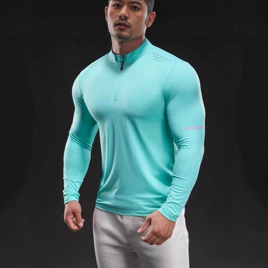 Herren Atmungsaktives Longsleeve Trainingsshirt mit Stehkragen und Kurz-Reißverschluss EB