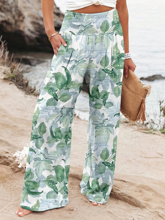 Damen Weit geschnittene Strandhose mit floralem Motiven und elastischem Bund EB