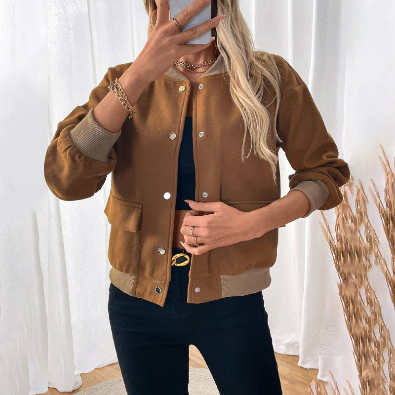 Damen sportliche Bomberjacke mit klassischen Druckknopf-Elementen und Seitentaschen EB
