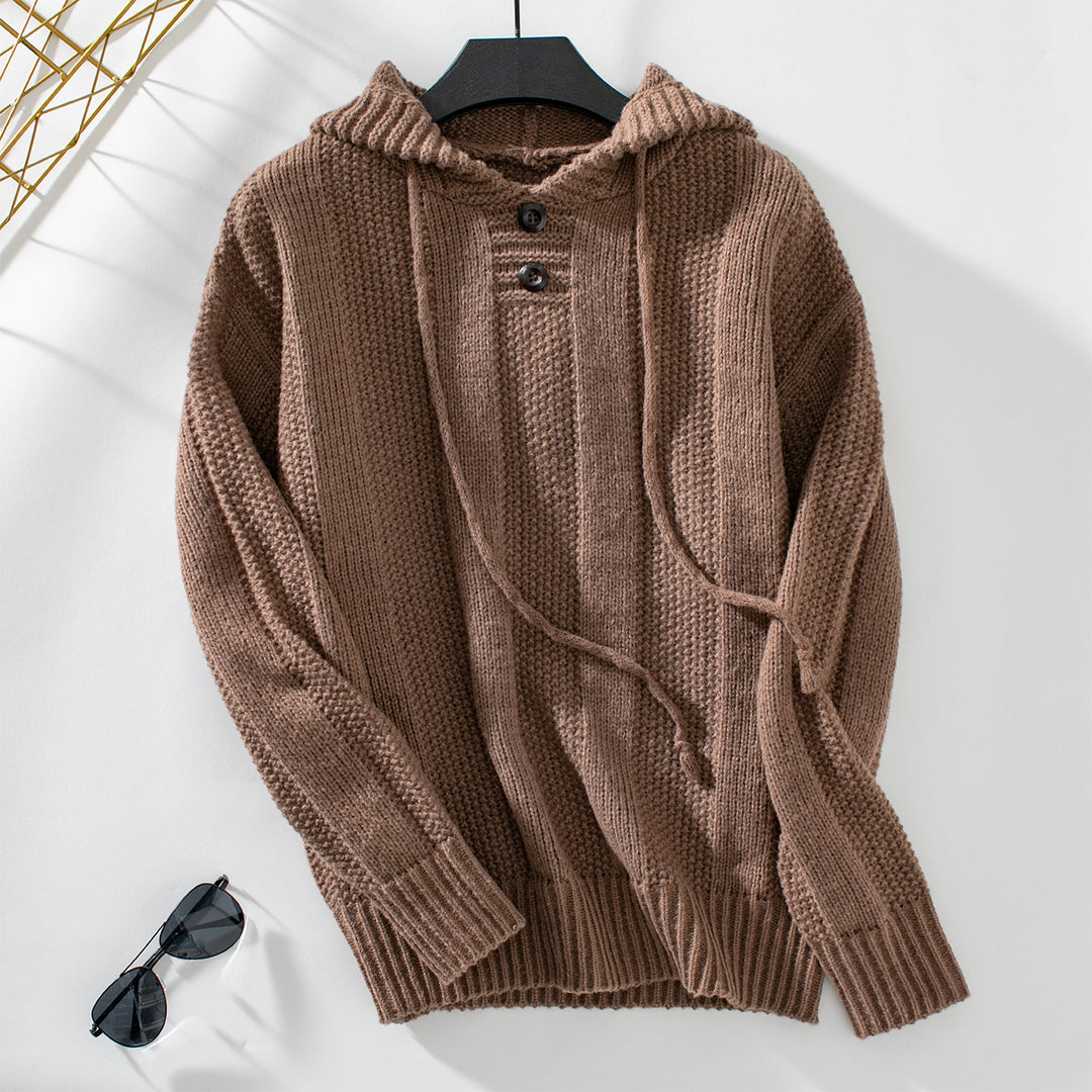 Damen lässiger Strickpullover mit Kapuze und Knopfdetails EB