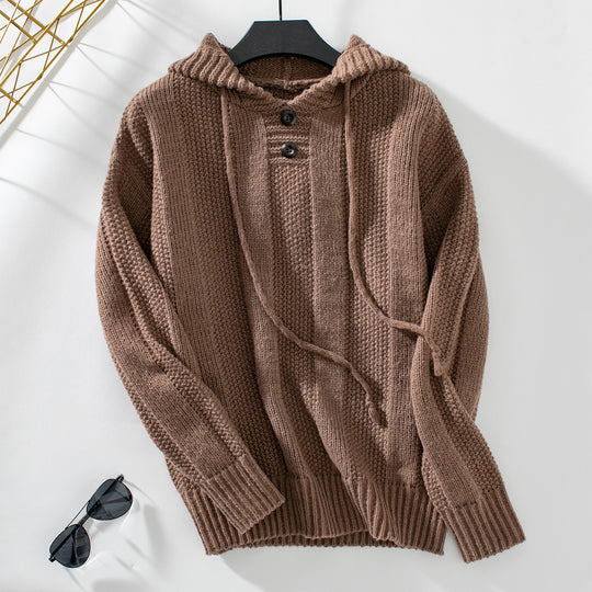 Damen lässiger Strickpullover mit Kapuze und Knopfdetails EB