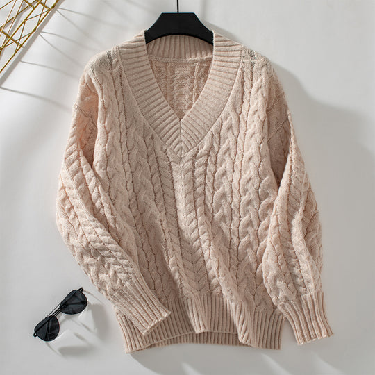 Damen Grobstrickpullover mit V-Ausschnitt und Zopfmuster EB