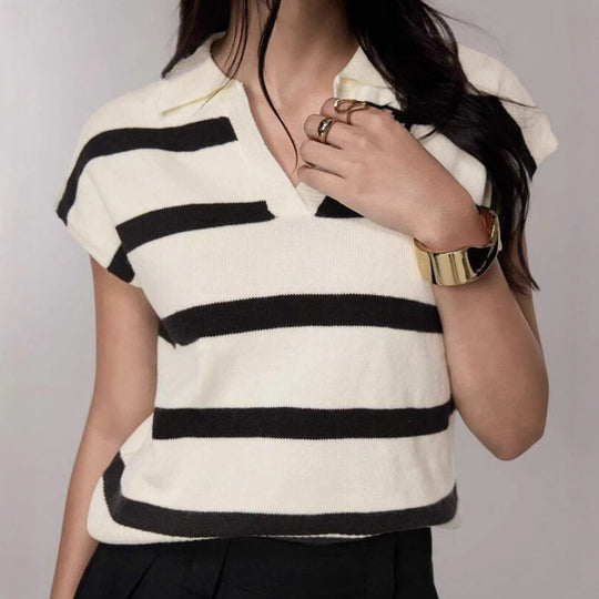 Damen Gestreiftes Kurzarm-Stricktop mit V-Kragen und überschnittener Schulter EB