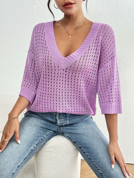 Damen luftiger Strickpullover mit V-Ausschnitt und dekorativem Lochmuster EB