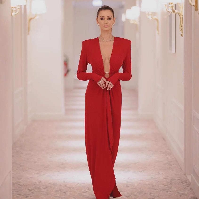 Damen Elegantes Abendkleid mit tiefem V-Ausschnitt und gefalteten Ärmeln EB