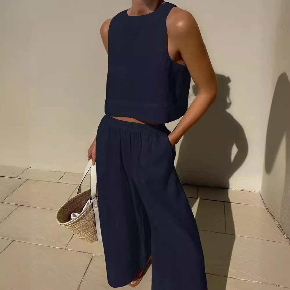 Damen luftiges Leinenoberteil mit weiter Hose EB