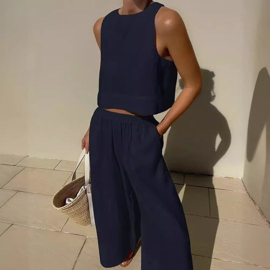 Damen luftiges Leinenoberteil mit weiter Hose EB