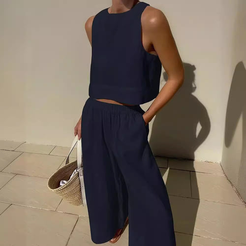 Damen luftiges Leinenoberteil mit weiter Hose EB
