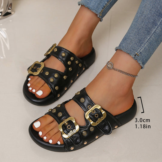 Damen Sandalen mit modischem Schnallen-Design und schimmernden Nieten EB