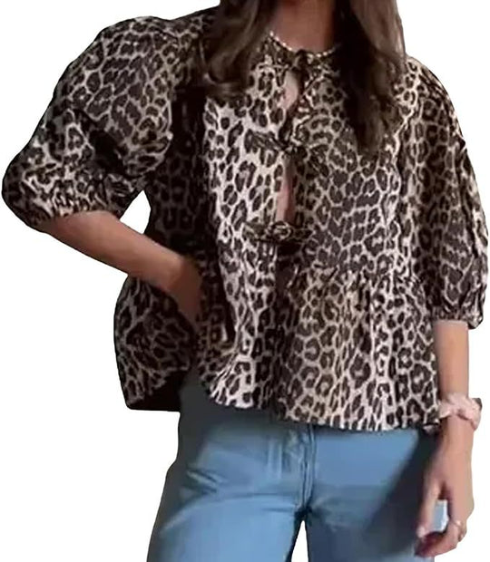 Damen Bluse mit voluminösen Ärmeln und modischem Leopardenmuster EB