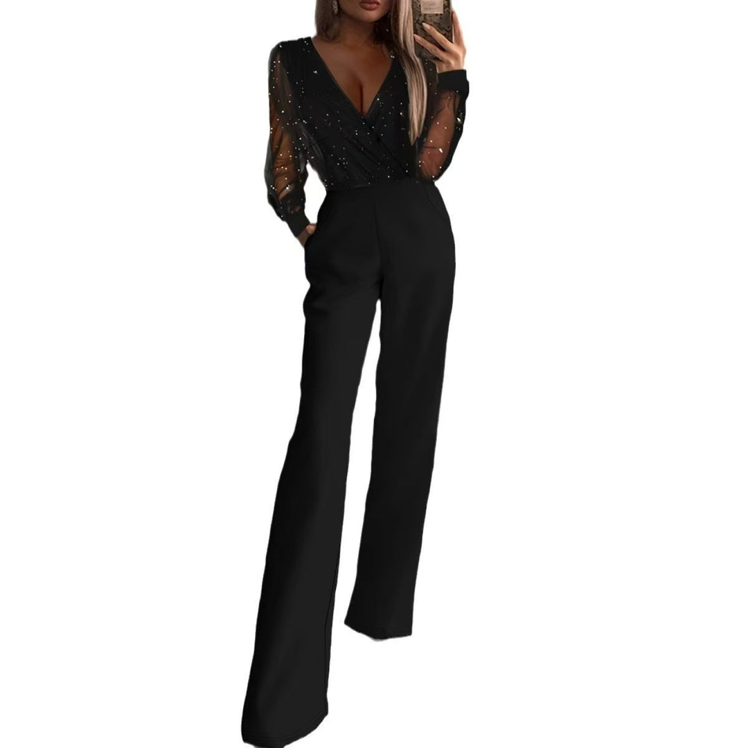 Damen Eleganter Jumpsuit mit transparenten Ärmeln und funkelnden Details EB