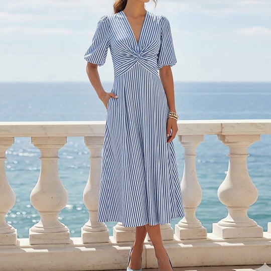 Damen Midikleid mit wundervollem Wickel-Design und eleganten Streifen EB