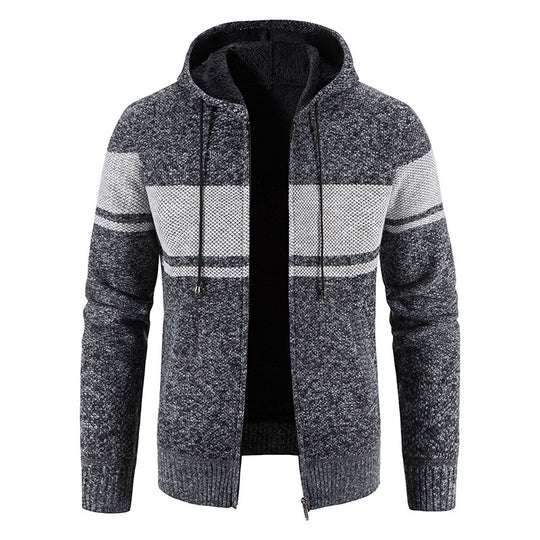 Herren Strickjacke mit Kapuze und kontrastierendem Streifenmuster EB