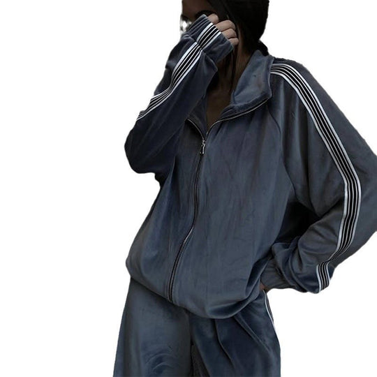 Damen sportliches Fleece-Loungewear-Set mit hohem Kragen und elastischem Bund EB