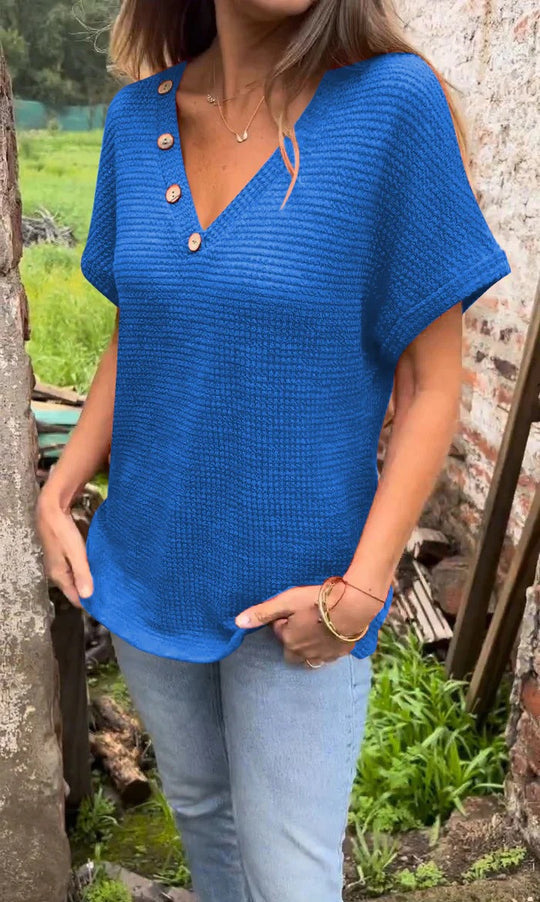 Damen lässiger V-Ausschnitt Pullover mit Knöpfen EB