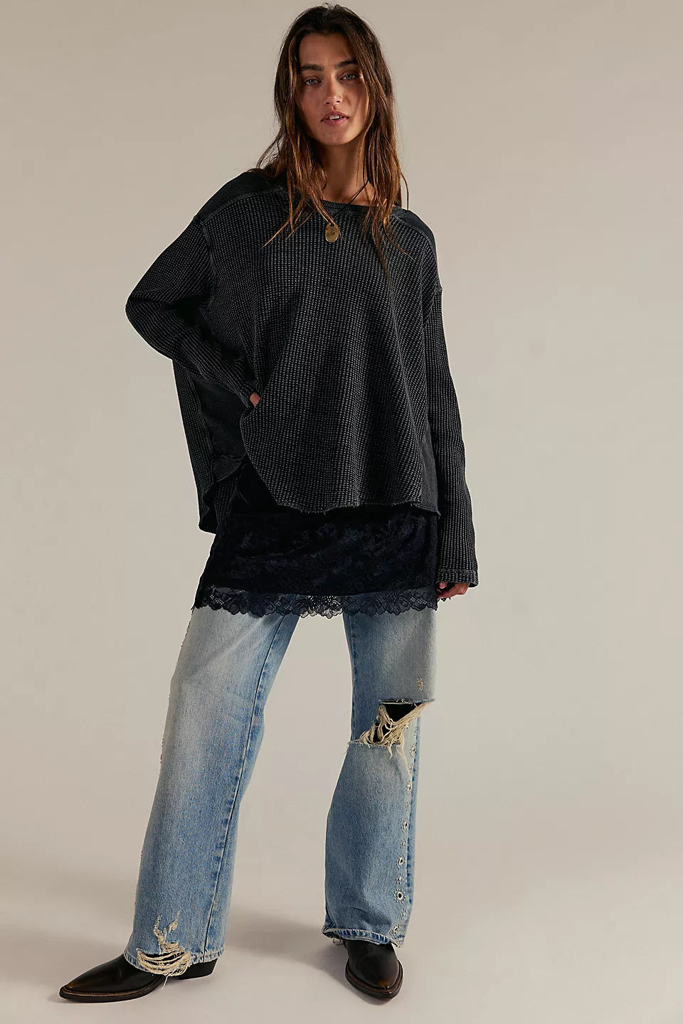 Damen Oversized Waffelstrick-Pullover mit weitem Schnitt und tiefem Raglan EB