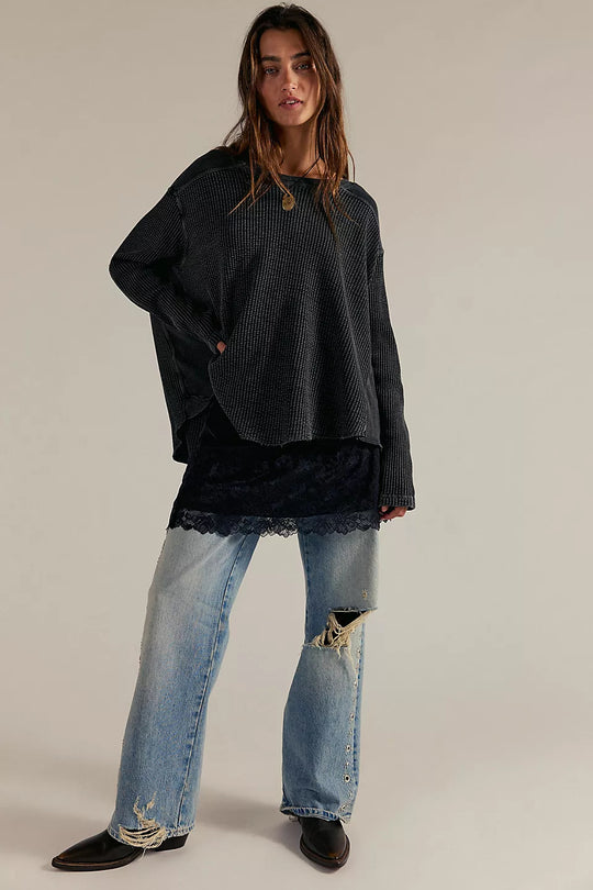 Damen Oversized Waffelstrick-Pullover mit weitem Schnitt und tiefem Raglan EB
