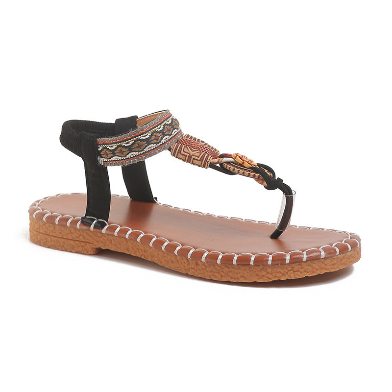 Damen Zehenstegsandalen mit kunstvoller Schmuckverzierung und bequemer Sohle EB